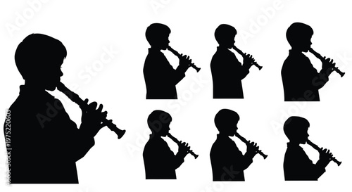 Silhouette series of boys playing the recorder demonstrating posture and technique