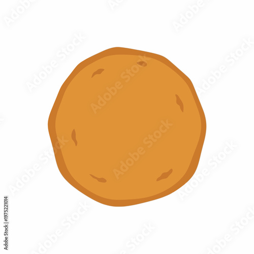 Minimalist graphic illustration of a baked golden brown round food item, resembling a cookie or biscuit, perfect for snack menus, bakery branding, and sweet treat designs