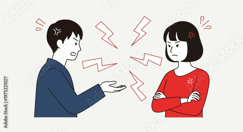 Man and woman arguing with angry icons