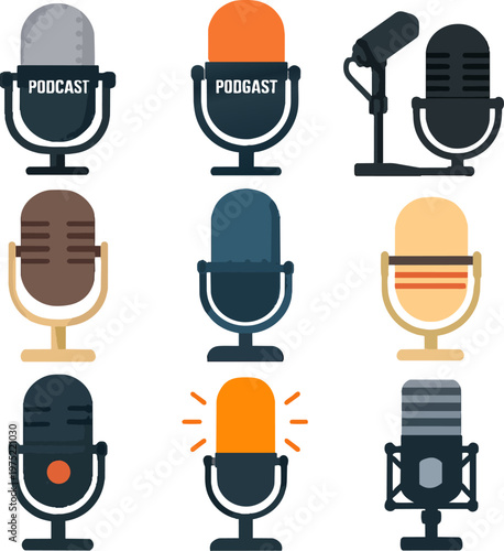 Colorful podcast microphones icons set