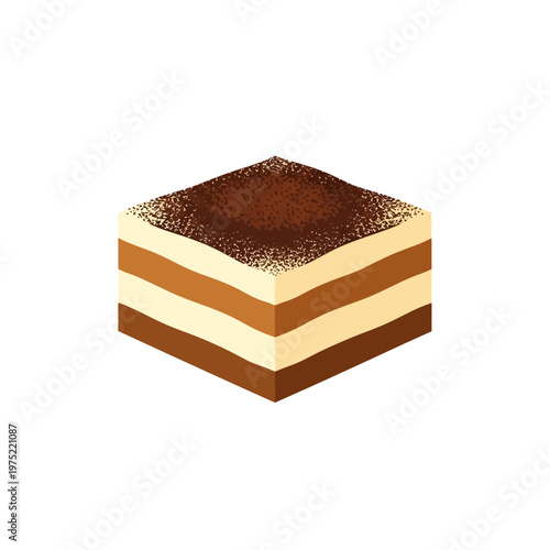 A delicious-looking tiramisu dessert, a classic Italian layered cake dusted with cocoa powder, presented in a simple, clean isometric illustration
