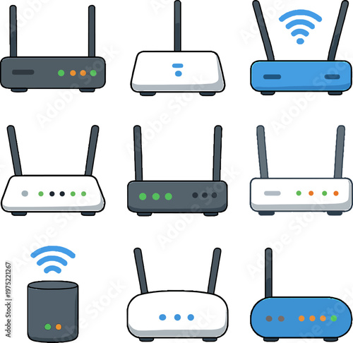 router icons set with different wireless internet symbols