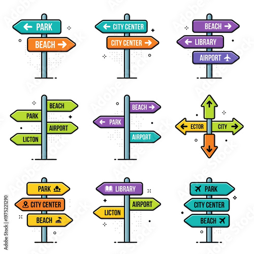 Vibrant flat vector illustration collection featuring diverse direction signs and signposts, guiding towards travel destinations and city landmarks.