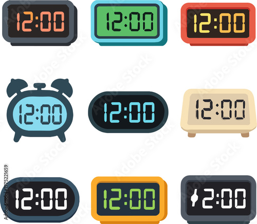 collection of digital and analog alarm clocks showing 12:00