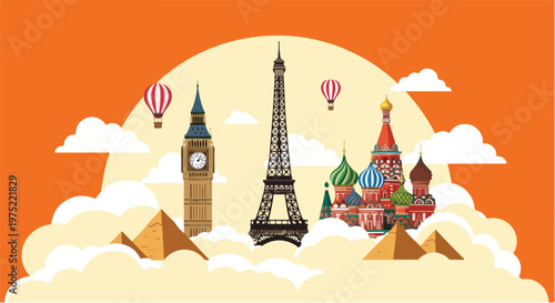 World Heritage Day illustration of famous landmarks and monuments around the globe on a sunny day