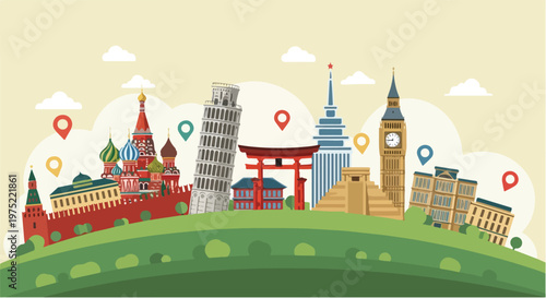 World Heritage Day illustration of famous landmarks from around the world on a green hill