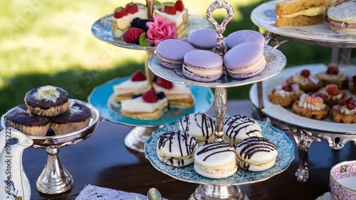 Elegant afternoon tea party in a blooming garden featuring tiered stands with purple macarons, chocolate drizzled pastries, berry desserts, and gourmet cakes on a table.