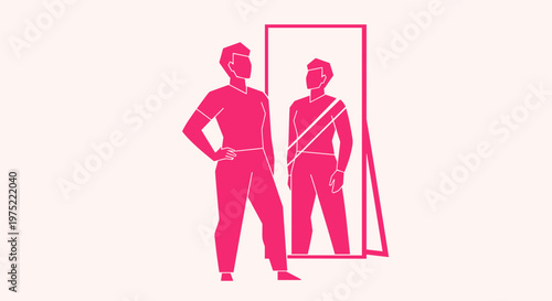 Woman looking in mirror reflection.