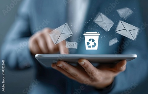 Email spam, inbox zero, deleting emails, recycling concept on tablet