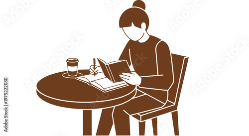 Woman sitting at table reading.