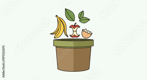 Illustration of organic food waste falling into a compost bin for recycling and sustainability.