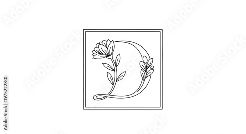 Elegant Floral Letter D Monogram, Botanical Alphabet Design, Vintage Flower Initial