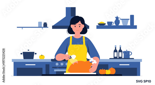 Woman carving roasted turkey in kitchen, preparing Thanksgiving dinner, flat illustration