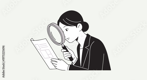Woman looking through magnifying glass at paper