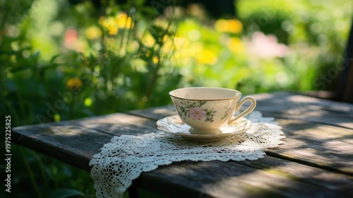 Delicate teacup and saucer rest on a lace doily atop a weathered wooden table outdoors