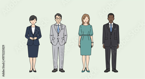 Four diverse professionals standing in line