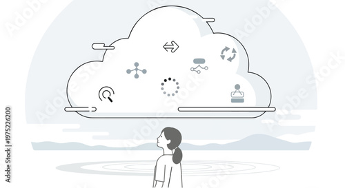 Woman looking at floating cloud data icons