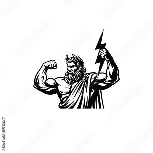 Zeus holds a lightning bolt in powerful muscular arms outdoors