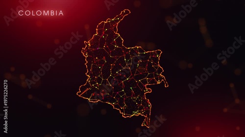 A dynamic motion video showcasing the Colombia country border through a colorful plexus reveal. Glowing red and orange dots represent high-tech data communication and global digital networks.