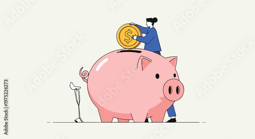 Man putting gold coin into piggy bank