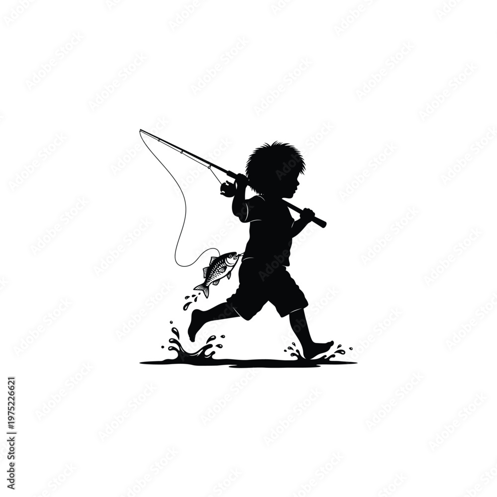 Fototapeta premium Boy runs with fishing rod catching fish in water outdoors quickly