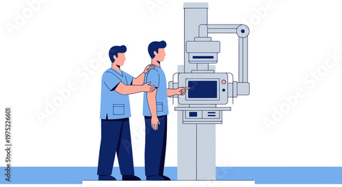 Radiologist positions patient for mammography scan on modern medical equipment