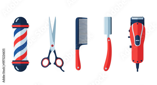Barber Shop Tools: Pole, Scissors, Comb, Razor, Clipper - Flat Design