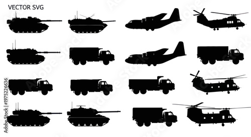 Military Vehicle Silhouettes: Tanks, Trucks, Airplanes, Helicopters