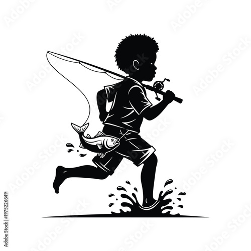 A young boy runs quickly with a large fish through a sunny outdoor environment.