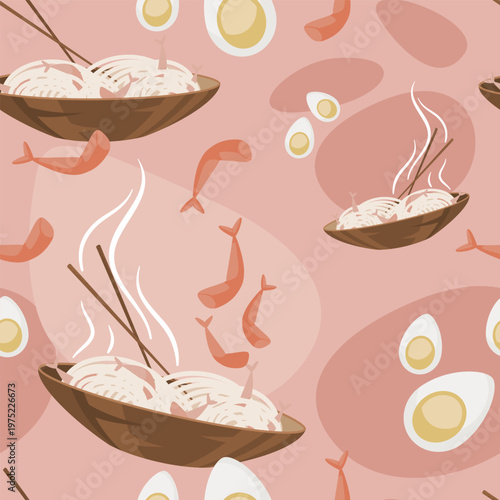 Noodles with shrimps bowl vector seamless pattern. Simple graphic food print. Asian cuisine. Flat pink background. Sea product dish. Culinary concept. Meal ingredients icons set. Cute packaging design