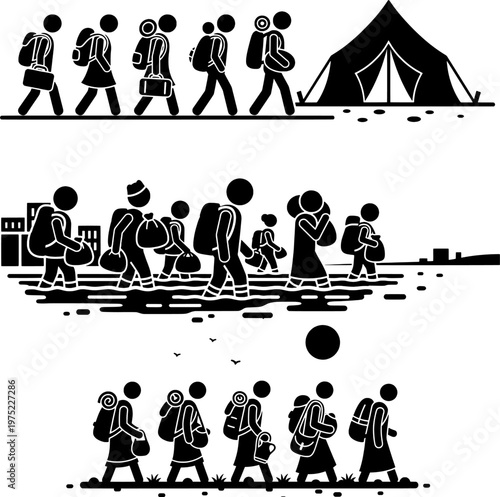 Refugee Camp and Migration Silhouette Set – People Walking with Bags and Tent Shelter