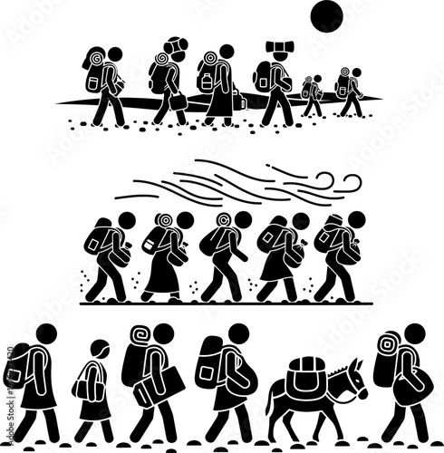 Migration Caravan Silhouette – Refugees Walking with Backpacks Through Harsh Weather and Desert Journey