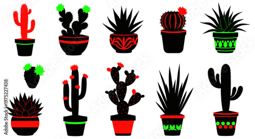 Collection of Potted Cacti and Succulents Silhouette, Red and Green Accents