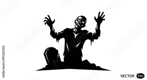 Emerging Zombie Silhouette with Gravestone and Open Arms