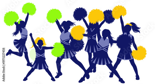 Energetic Cheerleaders Squad Dancing with Pom-Poms, Silhouette Group