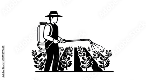 Farmer spraying pesticide on crops in field, agricultural worker with sprayer