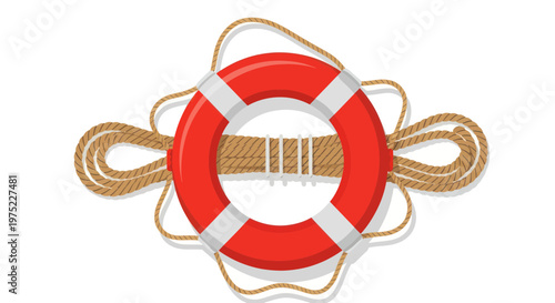 Red lifebuoy with rope, safety equipment, rescue symbol on white background