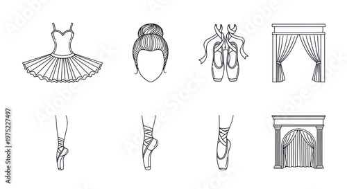 Ballet Dancer Icons: Tutu, Pointe Shoes, Hair, Stage Curtains, Archway