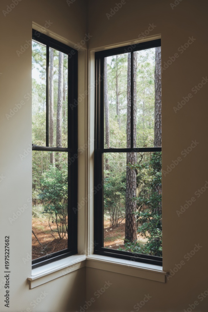 Fototapeta premium Through the windows, you can see a serene view of towering trees and lush greenery, all nestled within a peaceful forest setting, bathed in the warm glow of natural daylight