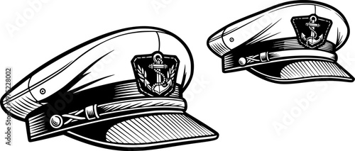 Four different captain's hats in various black and white vintage illustration styles, perfect for maritime and nautical themes.
