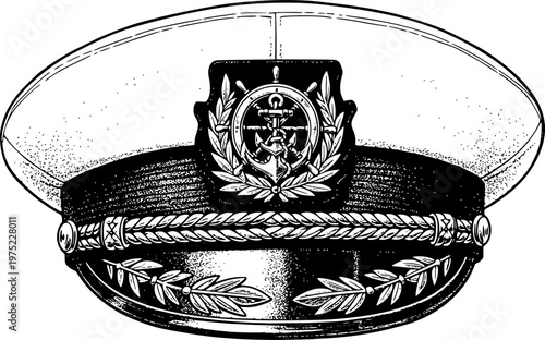 Four different captain's hats in various black and white vintage illustration styles, perfect for maritime and nautical themes.
