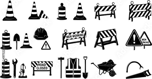 Various black silhouette construction and road safety icons, including cones, barriers, warning signs, and safety equipment, presented in a clean graphic style