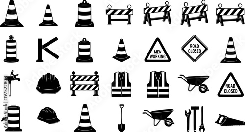 Various black silhouette construction and road safety icons, including cones, barriers, warning signs, and safety equipment, presented in a clean graphic style