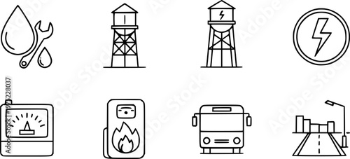 Collection of six minimalist line icons depicting municipal services and city infrastructure like plumbing, water towers, electricity, gas, and transportation