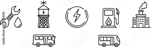 Collection of six minimalist line icons depicting municipal services and city infrastructure like plumbing, water towers, electricity, gas, and transportation