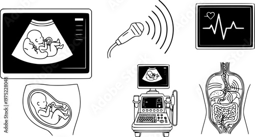 Black line art icons for medical ultrasound technology representing sonography and diagnostics with a fetus scan, monitor, transducer probe, sound waves, and a heartbeat symbol