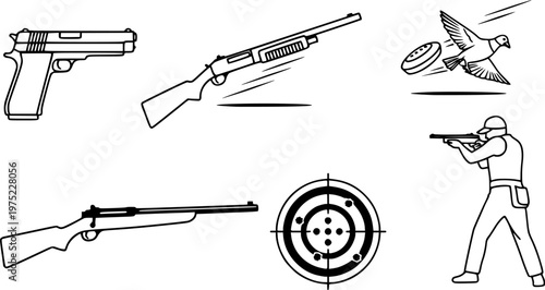 Set of black line icons representing shooting sports and firearm activities, including a pistol, rifle, clay pigeon shooting, a target, and a person aiming a weapon