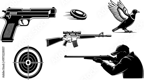 Set of black line icons representing shooting sports and firearm activities, including a pistol, rifle, clay pigeon shooting, a target, and a person aiming a weapon