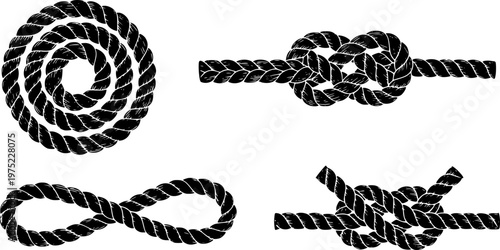 Set of four hand-drawn rope knots in a black ink brush stroke style, featuring circular, braided, and figure-eight shapes for nautical or maritime themed designs