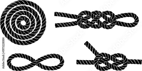 Set of four hand-drawn rope knots in a black ink brush stroke style, featuring circular, braided, and figure-eight shapes for nautical or maritime themed designs